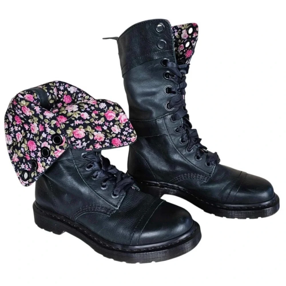 RARE Dr. Martens Leather Triumph 1914 Boots Foldover Floral Print Lining US 9 - Picture 2 of 6